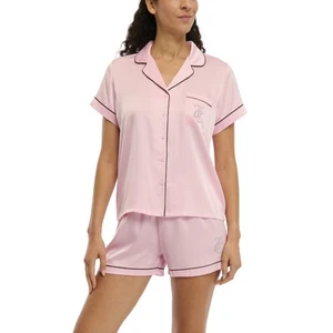 Women's 2 Piece Satin Notch Collar Button Down Shirt and Pajama Shorts Lounge... - Picture 1 of 6