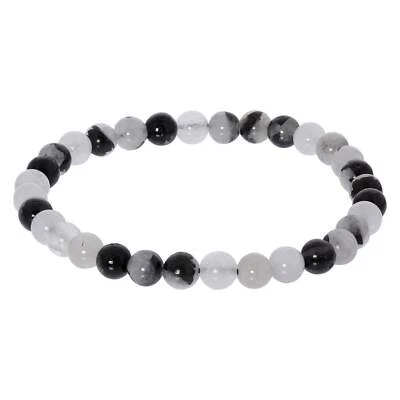 Handmade 6mm Black Rutilated Quartz Gemstone Bead Unisex Stretch Bracelet Healin - Image 1 of 2