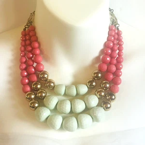 Beaded Statement Necklace Multi Strand Gold Pink Green Faceted Adjustable VTG - Picture 1 of 16