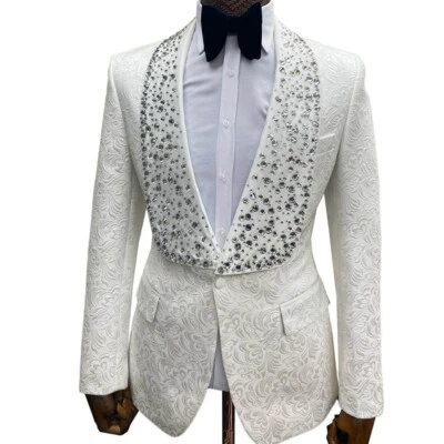 Men Suit Shawl Beaded Diamond Single-Breasted Classic Tuxedo Wedding Dinner - Image 1 of 4