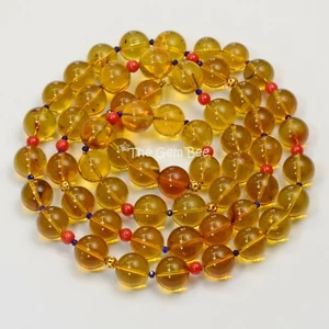 Collar de cuentas de esfera redonda ámbar ámbar de 31" oro amarillo liso de 18 K coral lapislápiscis chiapas - Imagen 1 de 6