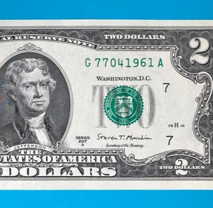 TRAILING YEAR 1961 (G 7704 1961 A) $2 Two Dollar Bill Serial Number 2017A *UNC* - Picture 1 of 4