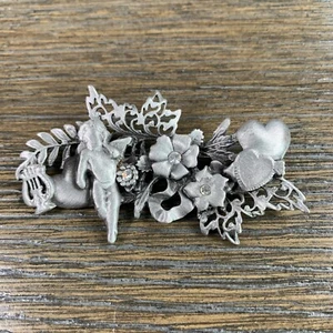 Vintage 3” Pewter Angel Wings Brooch Pin Floral Hearts Bling Harp - Picture 1 of 6