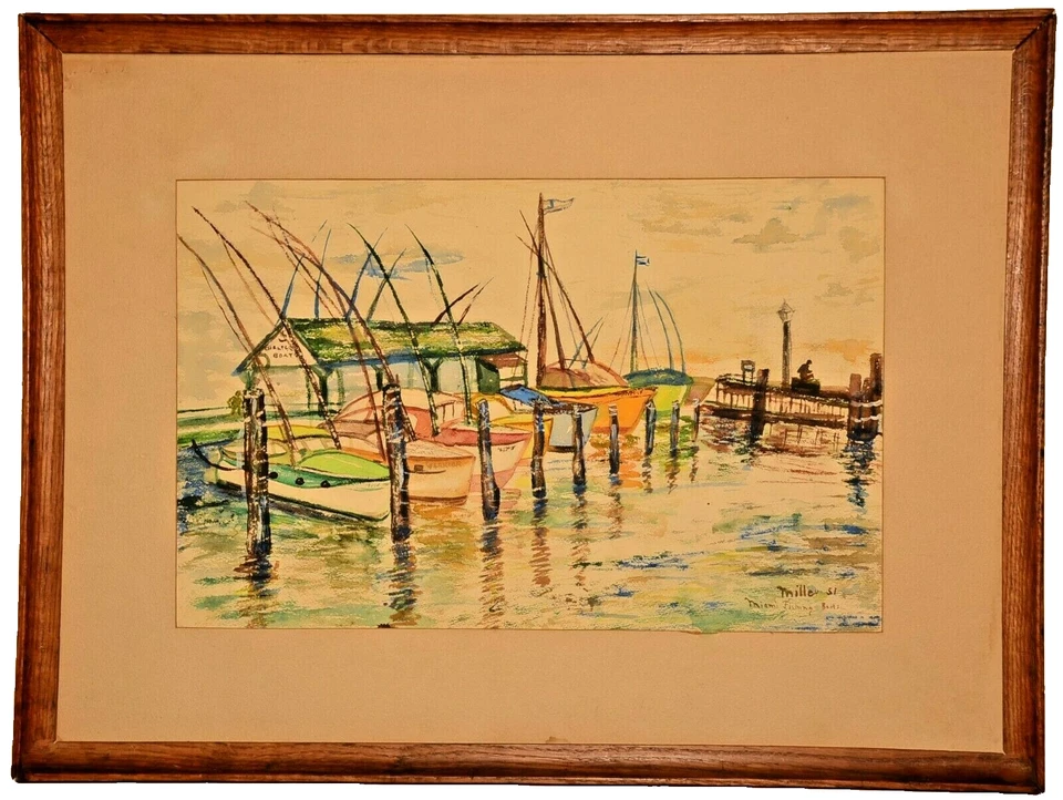 Pintura acuarela paisaje marino puerto barco pesca firmado vintage original MILLER Foto 1 de 4