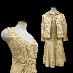 Vintage Christian Dior New York 1960s Silk Gold Looped Brocade Dress Jacket Set - Picture 1 of 9