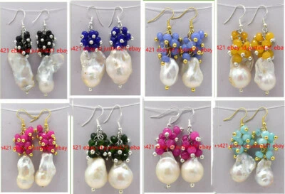 4x6mm Faceted Multicolor Gemstone & 15-20mm White Baroque Pearl Dangle Earrings - Image 1 of 4
