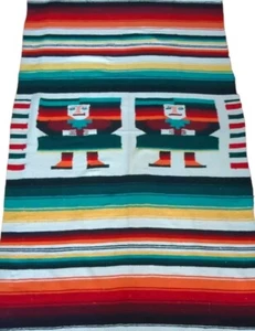 Vintage Mexican Blanket Figural Striped 74x47 Colorful Textile Rug Double Sided - Picture 1 of 10