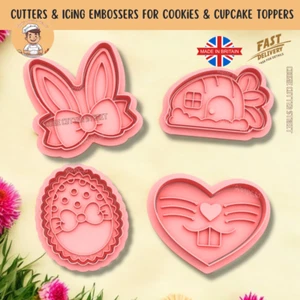 4 Floral Easter Bunny Cutters & Icing Embossers For Cookies & Cupcake Topper - Picture 1 of 2