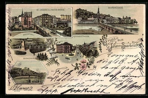 Lithographie St. Johann-Saarbrücken, Ortsansicht mit neuer Brücke, Reichsstrass  - Picture 1 of 2