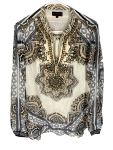 Blusa Top de Seda Hale Bob para Mujer Talla L Adornada con Cuentas Cachemira Artística Boho Chic - Imagen 1 de 6