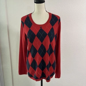 Tommy Hilfiger Damen Pullover Rot Navy Gold Argyle Baumwolle V-Ausschnitt Pulli Gr. L - Bild 1 von 8
