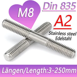 M8X3-250mm Double End Threaded Studs Bar Rod Bolts Screws Stainless Steel A2 304 - Picture 1 of 26