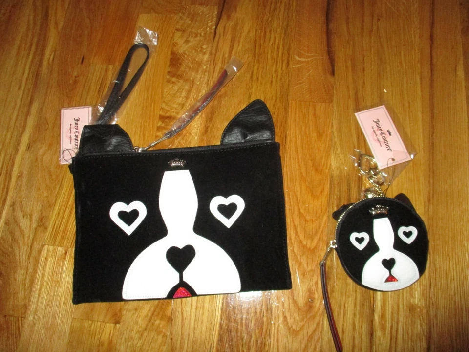 NUEVO CON ETIQUETAS Juicy Couture Boston Terrier Perro Sobre Bolsa Bolso sin asas y monedero Foto 1 de 1