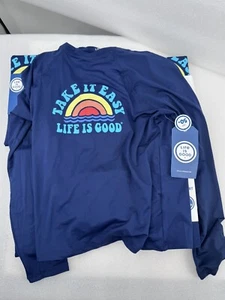 New Life is Good Sun Shirt UNISEX LARGE L Kids Navy LONG Sleeve Stretch UPF 50 - Picture 1 of 3