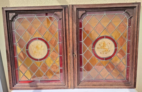 30" Pair French Antique Architectural Wood Walnut Panel Stained Glass Door Lion Cover