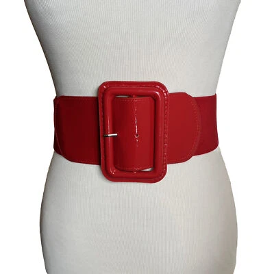 Wide Waist Cinch Belt Red Elastic Stretch S M Big Buckle Vtg 90s Style - Image 1 of 4