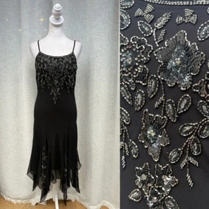 JKARA New York black Y2K beaded floral silk bias spaghetti strap dress - Picture 1 of 14