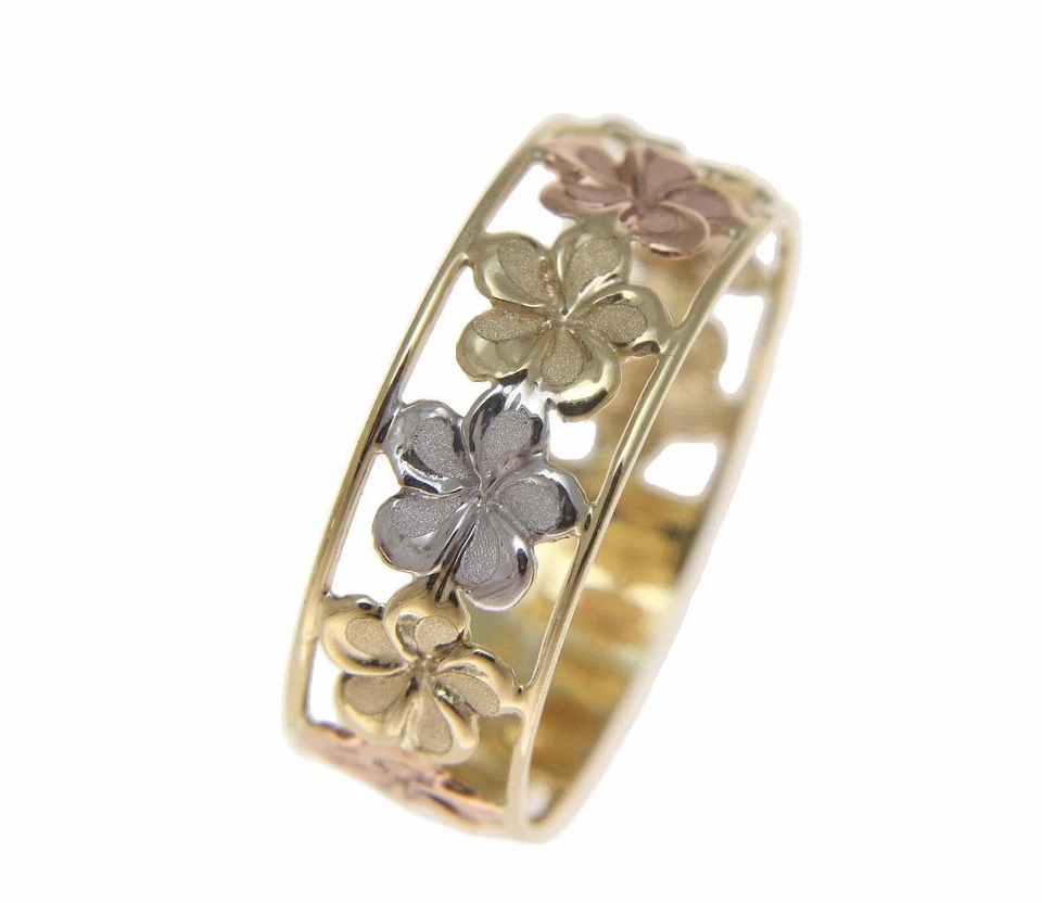 SOLID 14K YELLOW WHITE ROSE GOLD HAWAIIAN FANCY PLUMERIA FLOWER LEI RING 6.5MM - Image 1 of 4