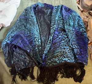 Vtg Anna Sui One Size Topper Open front Fringe Blouse Silk Blend Blue Teal Black - Picture 1 of 5