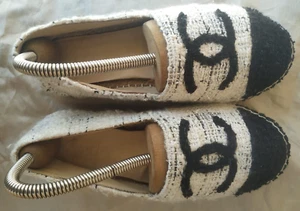 AUTHENTIC CHANEL Black White Tweed Patent Calfskin Espadrilles Blue Stripes EU35 - Picture 1 of 15