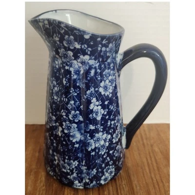 Vintage Blue White Floral Cobalt Pitcher Vase 8" Flowers Farmhouse Cottagecore - Image 1 of 4