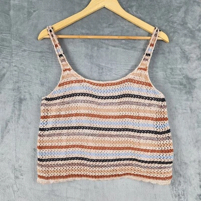Camiseta sin mangas terrosa a rayas boho hippie indie tejido a ganchillo mediano para mujer Foto 1 de 4
