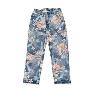 Gap Kids Girlfriend Jeans Girls Sz 7 Regular Blue Pink Floral Raw Hem Adjustable - Picture 1 of 8