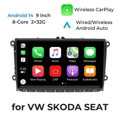 9" Stereo CarPlay for VW SKODA SEAT Head Unit GPS Radio Sat Nav +BT 8 Core 2+32G - Image 1 of 4