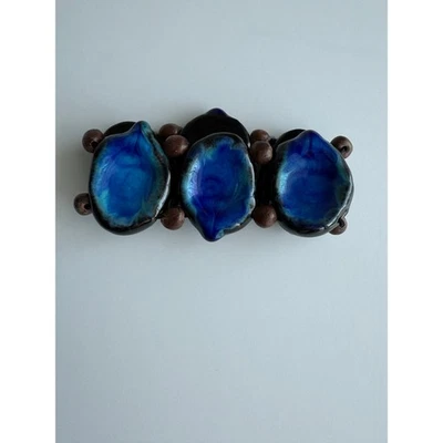 Pulsera elástica rebanadas de ágata azul pulido boho gruesa artesanal piedra cuentas de madera Foto 1 de 4
