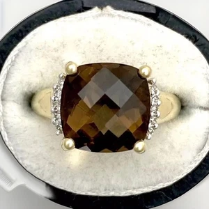 Smoky Quartz Diamond Ring 9ct Gold 3.05 grams - Chequer Top Facets - Size K 1/2 - Picture 1 of 3