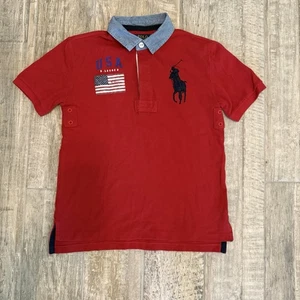 Polo Ralph Lauren Polo Shirt Boys M 8/10 Red Big Pony USA Flag Rugby Casual - Picture 1 of 4