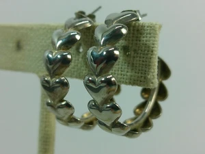 Vtg Beveled Row Hearts Southwestern Hoop Silver Plate Classic Modern Earrings - Picture 1 of 24