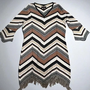 Shyanne Women’s XXL Chevron Stripe Knit Tunic Dress Fringe Hem 3/4 Sleeve Boho - Imagen 1 de 13
