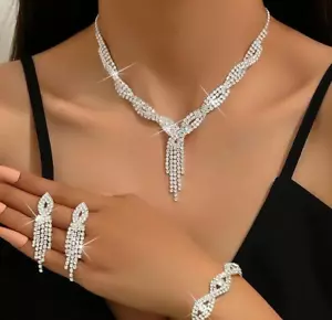 4pcs Luxury Shining Rhinestone Earrings Necklace Jewelry Set Gift Women Gift New - Picture 1 of 4