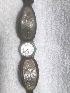 Montana Silversmiths Watch Silver Flower Filigree Brown Leather New Bat Works ! - Picture 1 of 11