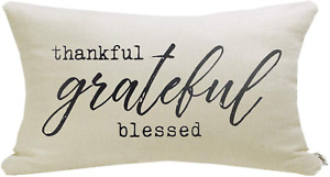 Farmhouse Pillow Covers with Thankful Grateful Blessed Quote 12" X 20" Farmhouse