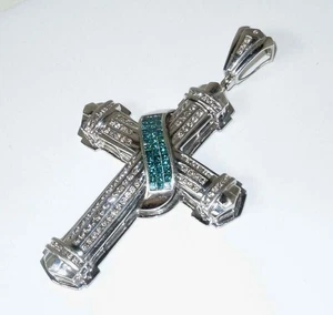 Simulated Swiss Blue Topaz & White Sapphire Fabulous Cross Design Men's Pendant - Picture 1 of 8