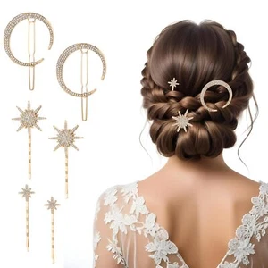 6 Pcs Moon Star Hair Clips Gold Stars Hair Pin Crystal Celestial Hair Accesso... - Picture 1 of 7