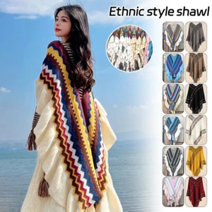 Women Ethnic Knit Poncho Blanket Shawl Tassel Rainbow Sweater Cardigan Cloak - Picture 1 of 34