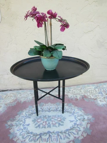 Hollywood Regency Faux Bamboo Black And Gold Side Folding Serving Tray Table Cover