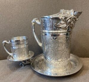 Tufts LION Silver Plate WATER PITCHER STAND AND CUP -- Incredible Design 