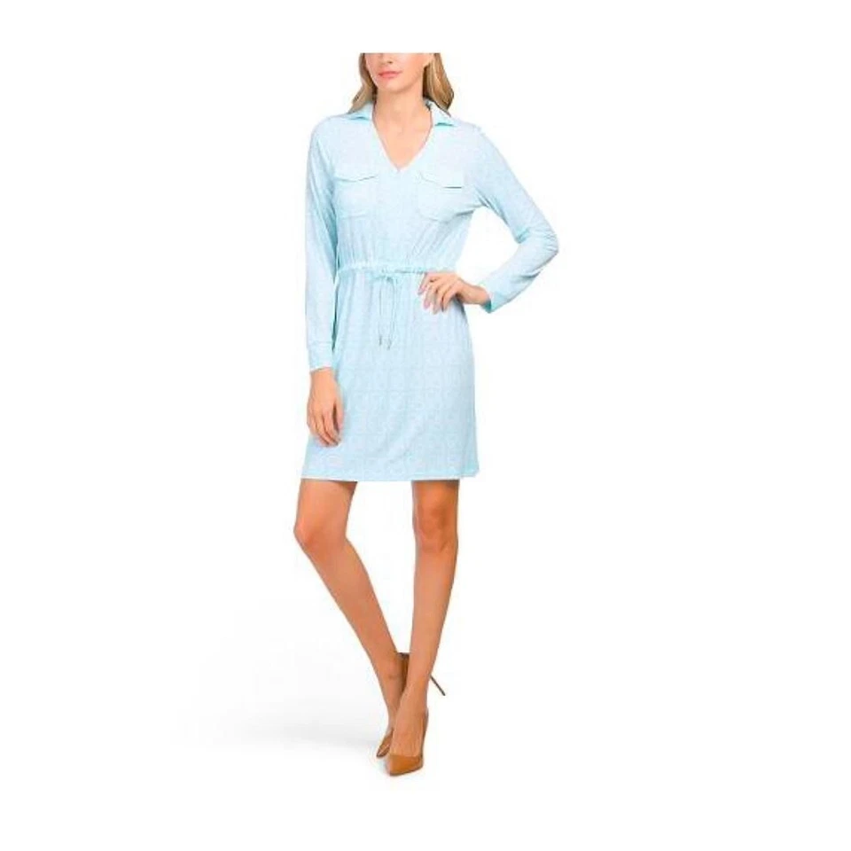 Calvin Klein Wm's Seaspray Blue CK Logo Print Collared LS Knit Dress sz 14