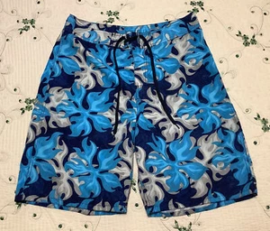 MEN'S Sz 32 "PHYS.SCI" BLUE HAWAIIAN FLORAL DRAWSTRING BOARD SHORTS SWIM TRUNKS - Picture 1 of 6