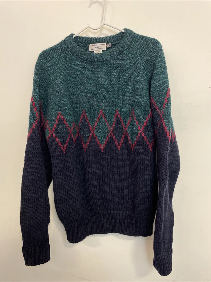 Vintage GAP Sweater Men's Medium Blue Green 100% Wool Ski Pullover Crew Neck - Image 1 of 4
