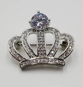 Crown Brooch Pin 1in Silver Tone Fiery Crystal Rhinestone Queen Princess New NIP - Picture 1 of 16