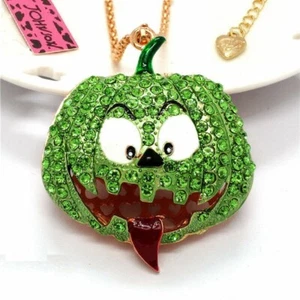 Betsey Johnson Green Crystal 3D Pumpkin Gold Pendant Necklace Free Gift Bag - Picture 1 of 3