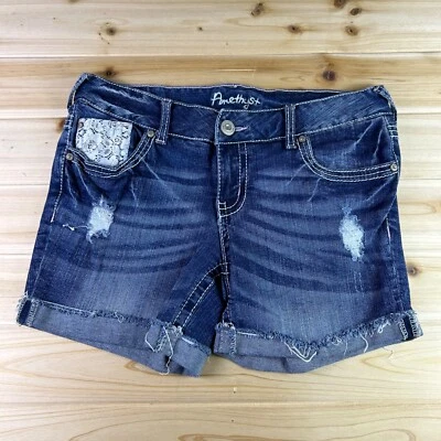 Amethyst Jean Shorts Womens 7 Distressed Lace Embellished Cut Off Roll Cuff - Image 1 of 4