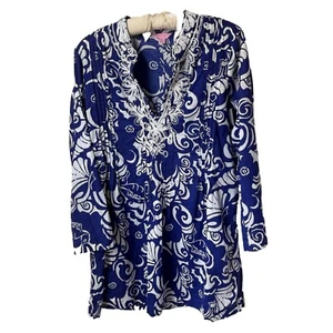 Lilly Pulitzer Tunika Schwimmen Überziehen Perlen blau weiß 100% Baumwolle Seepferdchen groß - Bild 1 von 12
