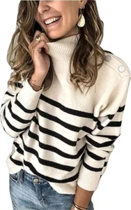 KIRUNDO Women's 2024 Fall Winter Long Sleeve Knit Sweater Turtleneck Striped - Picture 1 of 6