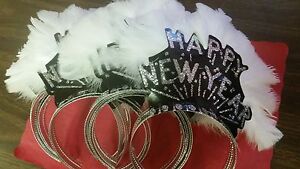 (SIX PER PACK) TIARAS BLACK HAPPY NEW YEAR SILVER GLITTER & WHITE FEATHERS  